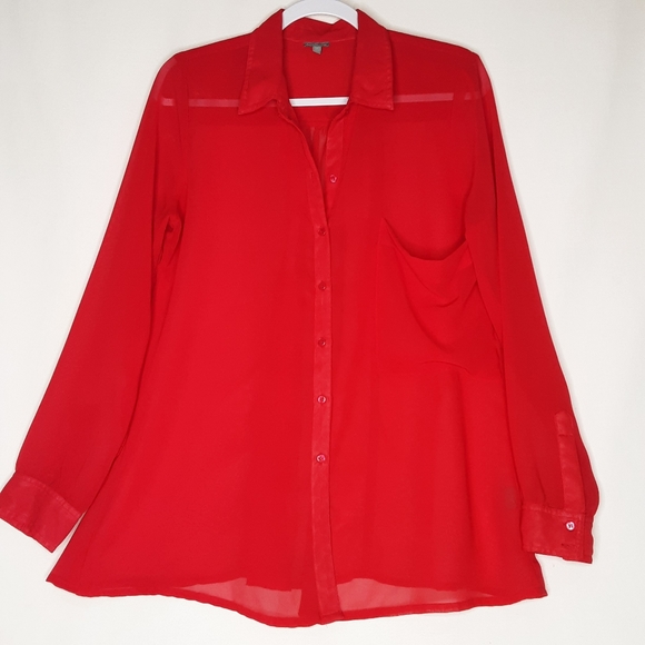 Charlotte Russe Red Sheer Button Front Shirt Size Medium - Picture 2 of 11